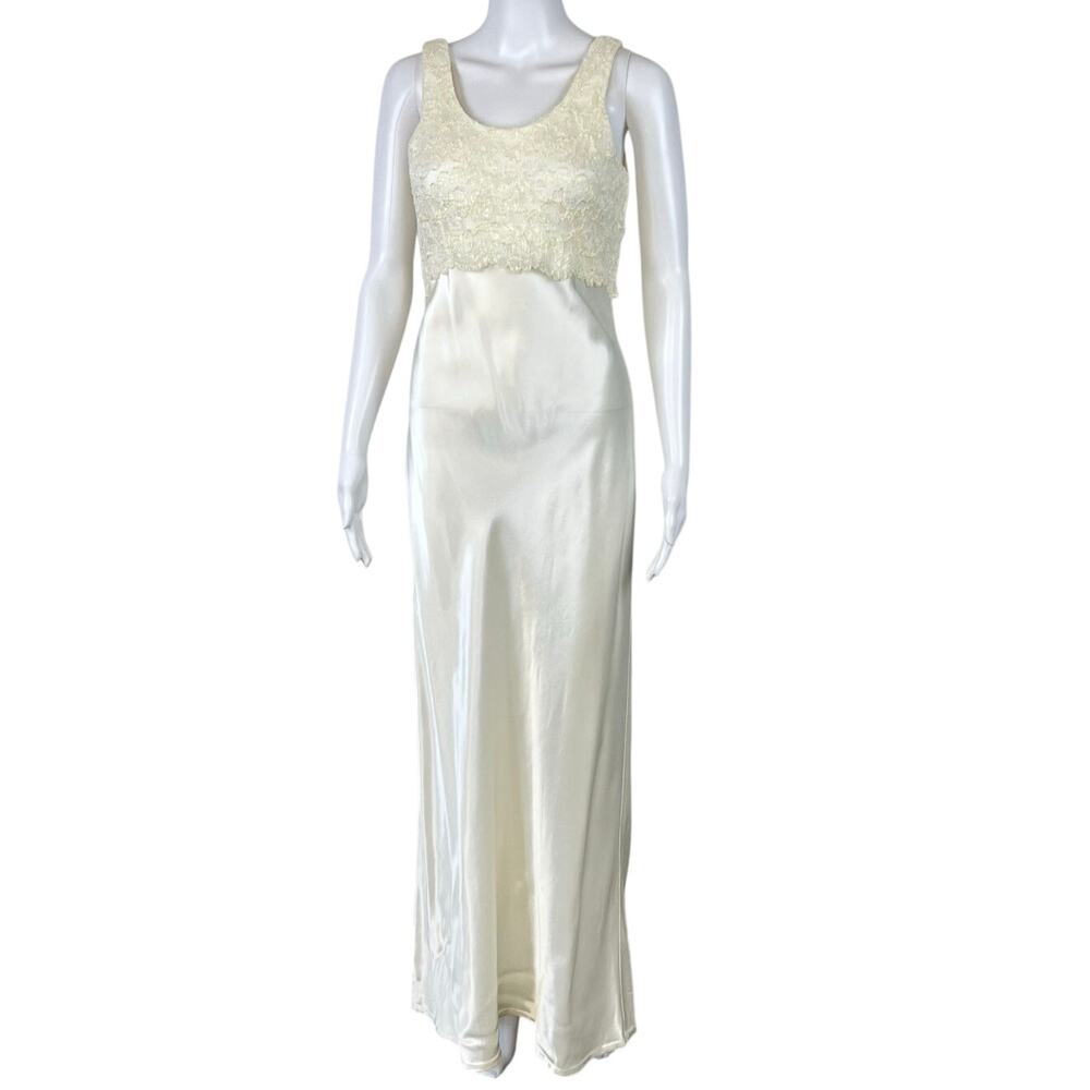 Vintage Roberta Ivory Satin Sleeveless Slip Maxi Long Bridal Occasion Dress (S)